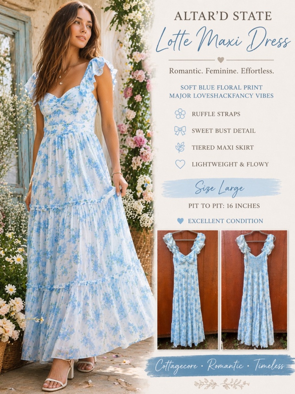 Altar’d State Lotte Blue Floral Maxi Dress Cottagecore Ruffle Strap Size Large